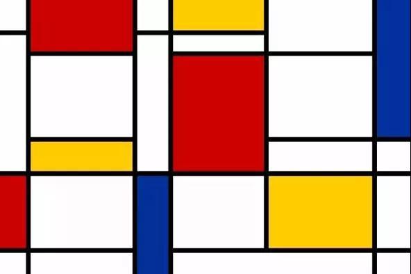 蒙德里安几何抽象风格的代表作之一: 红,黄,蓝的构成, 1930