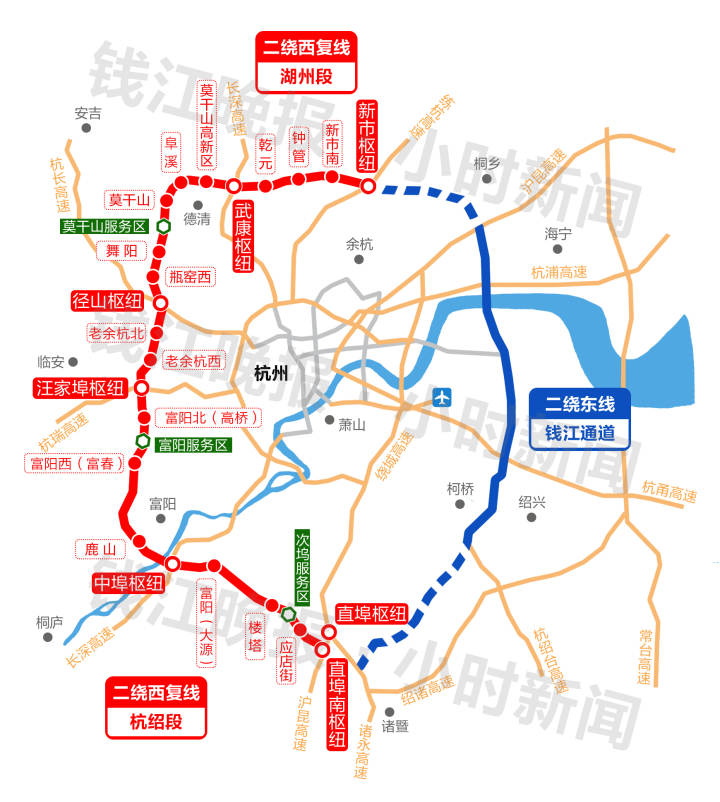根据我们了解到的情况,绕城西复线全线设置了16处互通,其中在杭州