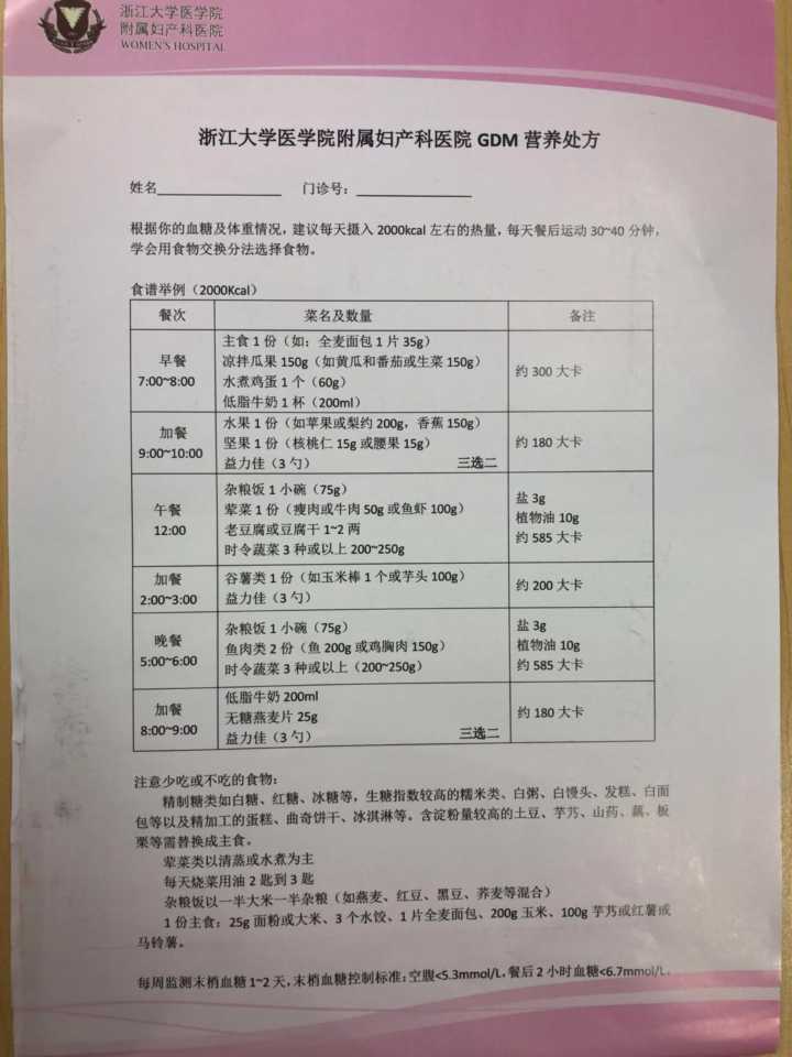 产科糖尿病一日门诊准备的2000大卡营养处方产科糖尿病一日门诊准备的