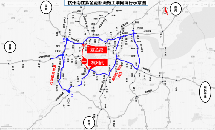 5月13日7点起杭州绕城高速杭州南往紫金港单向封闭过往车辆绕行图建议